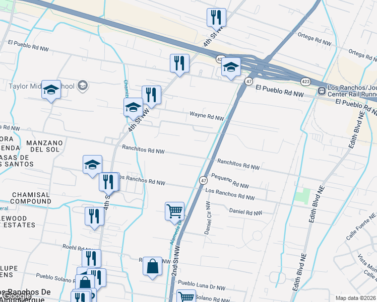 map of restaurants, bars, coffee shops, grocery stores, and more near 223 Ranchitos Road Northwest in Albuquerque