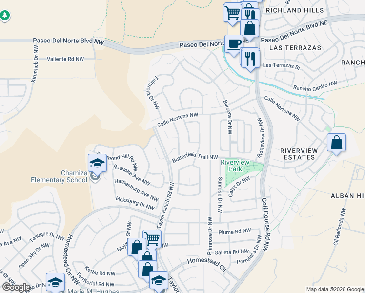 map of restaurants, bars, coffee shops, grocery stores, and more near 7831 Wagon Mound Court Northwest in Albuquerque
