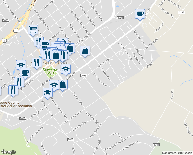 map of restaurants, bars, coffee shops, grocery stores, and more near 400 East Vermont Avenue in Southern Pines