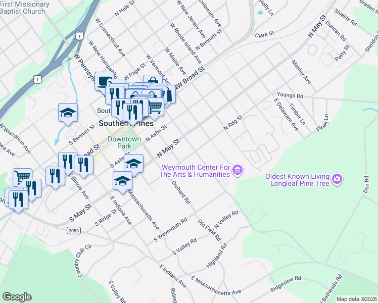 map of restaurants, bars, coffee shops, grocery stores, and more near 240 North Ridge Street in Southern Pines