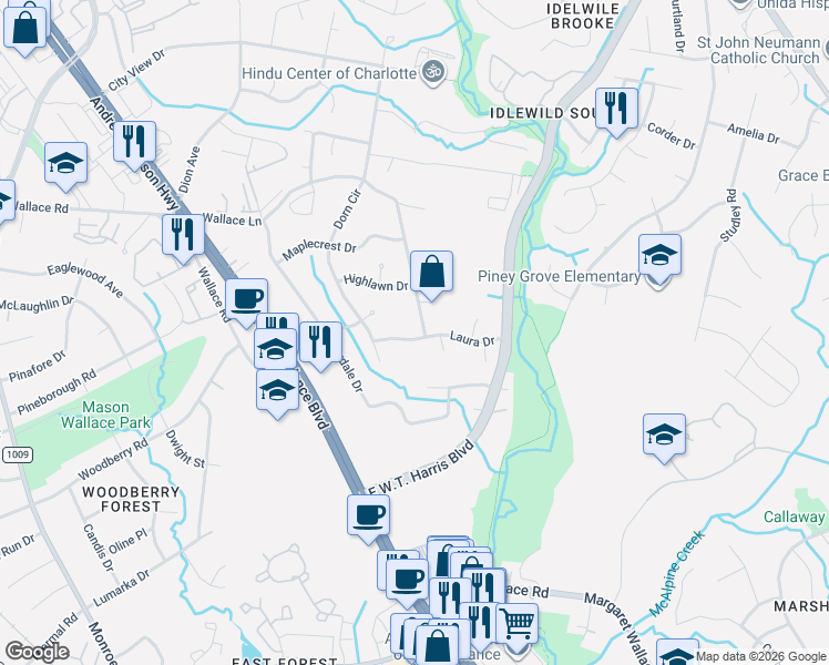 map of restaurants, bars, coffee shops, grocery stores, and more near 7832 Wallace Lane in Charlotte