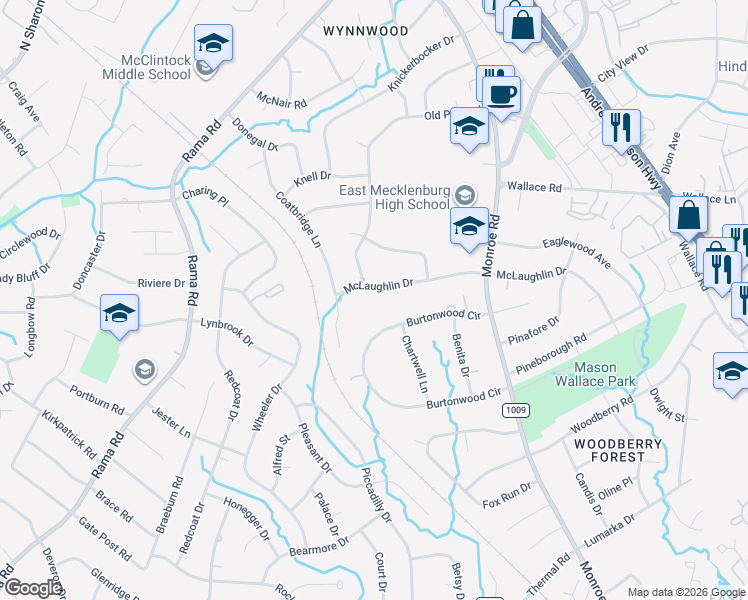 map of restaurants, bars, coffee shops, grocery stores, and more near 1317 McLaughlin Drive in Charlotte