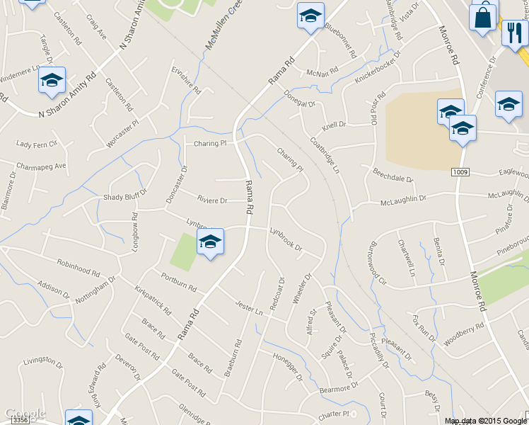 map of restaurants, bars, coffee shops, grocery stores, and more near 1509 Redcoat Drive in Charlotte