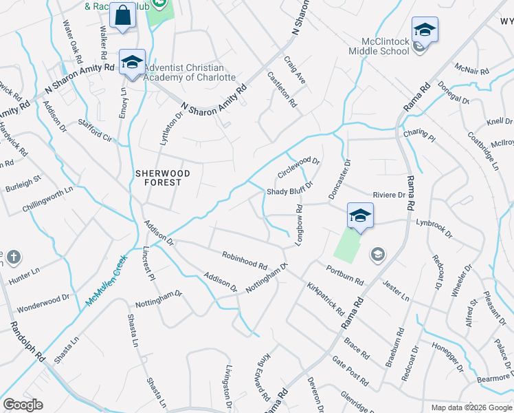 map of restaurants, bars, coffee shops, grocery stores, and more near 5309 Doncaster Drive in Charlotte