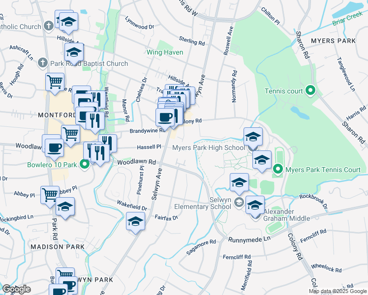 map of restaurants, bars, coffee shops, grocery stores, and more near 2433 Hassell Place in Charlotte