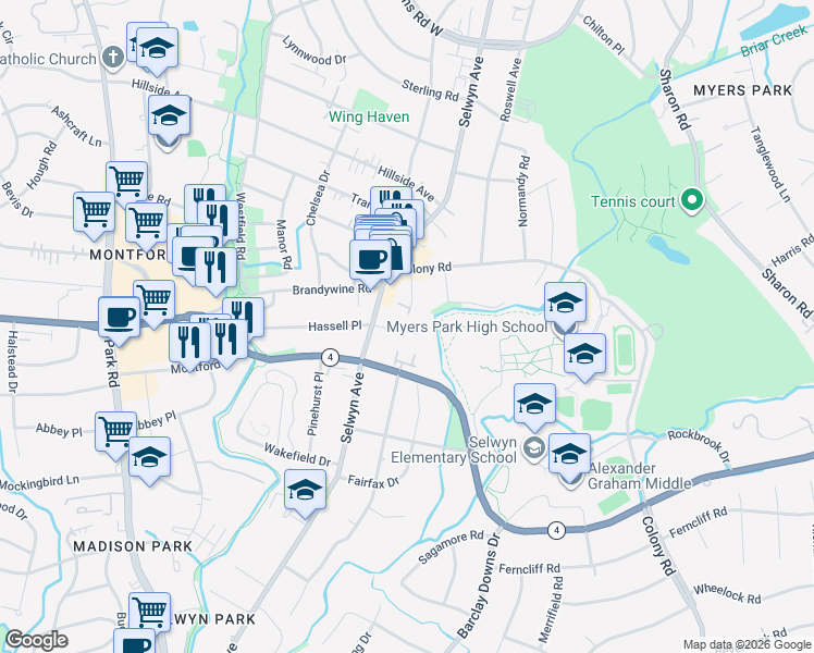 map of restaurants, bars, coffee shops, grocery stores, and more near 2433 Hassell Place in Charlotte