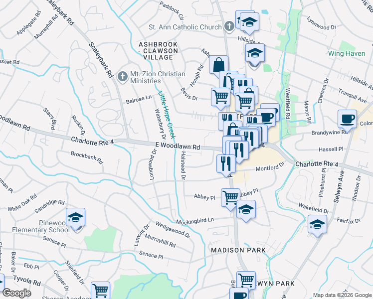 map of restaurants, bars, coffee shops, grocery stores, and more near in Charlotte