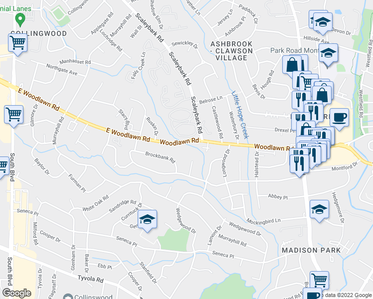 map of restaurants, bars, coffee shops, grocery stores, and more near 1000 East Woodlawn Road in Charlotte