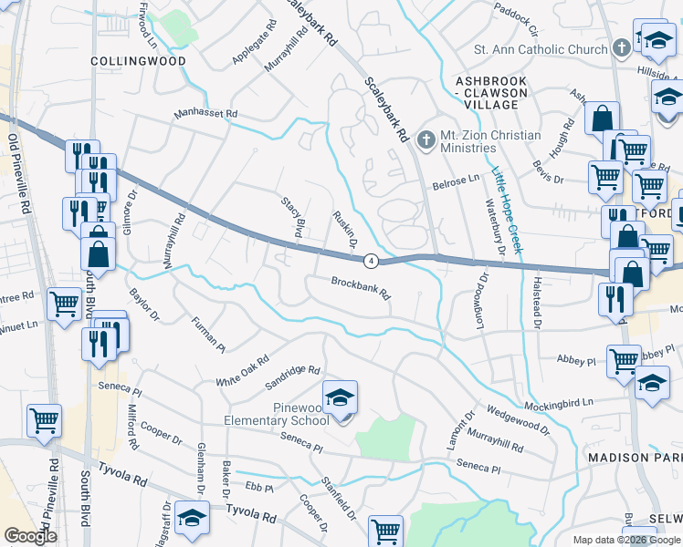 map of restaurants, bars, coffee shops, grocery stores, and more near 801 Brockbank Road in Charlotte