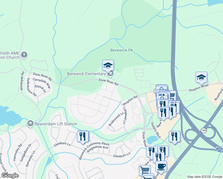 map of restaurants, bars, coffee shops, grocery stores, and more near 9744 Elgin Moor Road in Charlotte