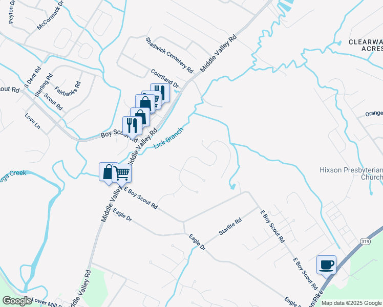 map of restaurants, bars, coffee shops, grocery stores, and more near 6917 Autumn Lake Trail in Chattanooga