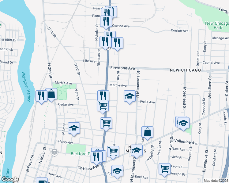 map of restaurants, bars, coffee shops, grocery stores, and more near 1121 Tully Street in Memphis