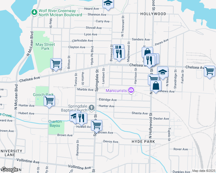 map of restaurants, bars, coffee shops, grocery stores, and more near 1311 Boxwood Street in Memphis