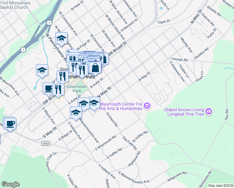 map of restaurants, bars, coffee shops, grocery stores, and more near 240 North Ridge Street in Southern Pines