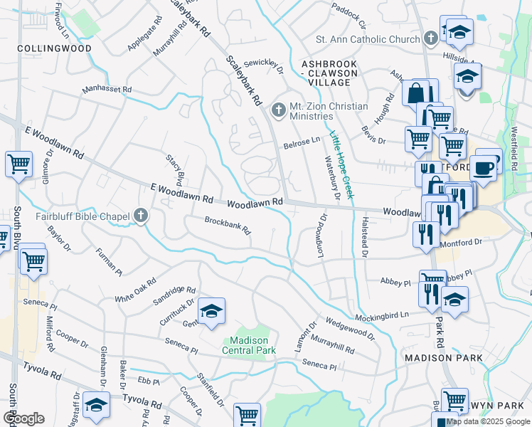 map of restaurants, bars, coffee shops, grocery stores, and more near 1000 East Woodlawn Road in Charlotte