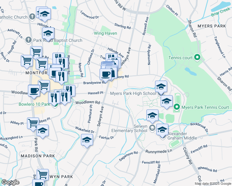 map of restaurants, bars, coffee shops, grocery stores, and more near 2433 Hassell Place in Charlotte