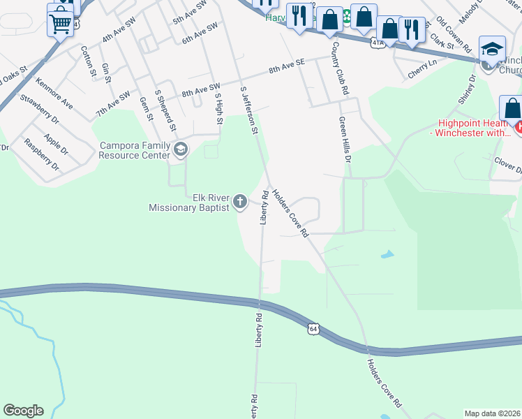 map of restaurants, bars, coffee shops, grocery stores, and more near 96 Liberty Road in Winchester