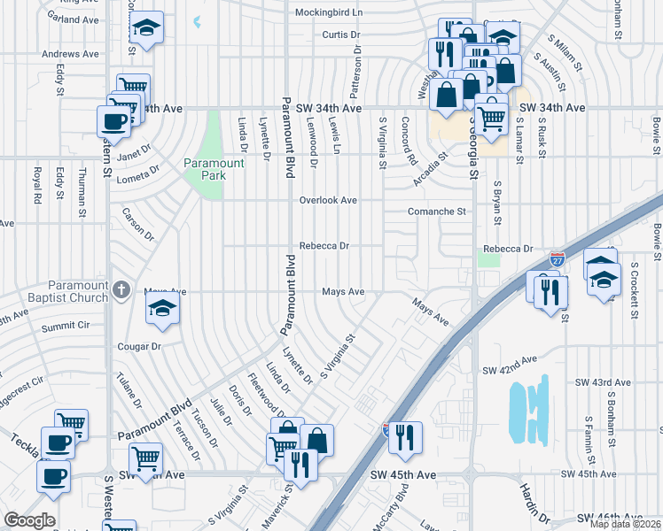 map of restaurants, bars, coffee shops, grocery stores, and more near 3709 Lewis Lane in Amarillo