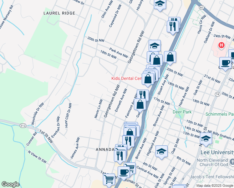 map of restaurants, bars, coffee shops, grocery stores, and more near 1102 Georgetown Road Northwest in Cleveland