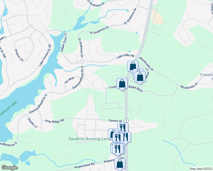 map of restaurants, bars, coffee shops, grocery stores, and more near 122 Trotter Drive in Pinehurst