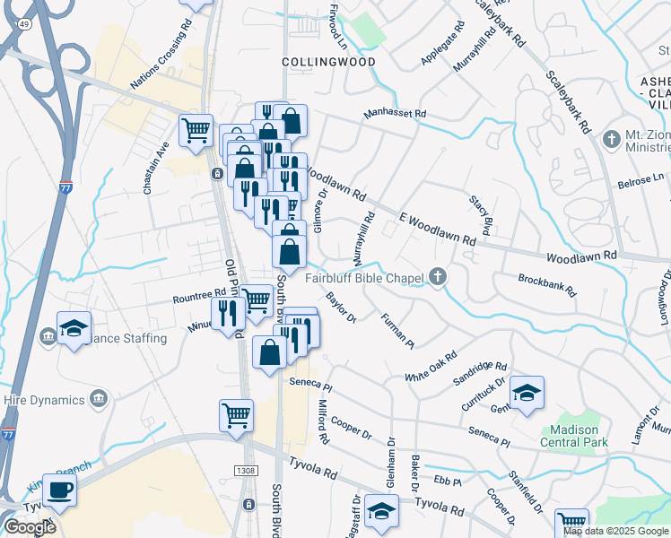 map of restaurants, bars, coffee shops, grocery stores, and more near 4917 Baylor Drive in Charlotte