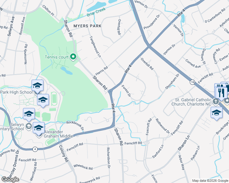map of restaurants, bars, coffee shops, grocery stores, and more near 2125 South Wendover Road in Charlotte