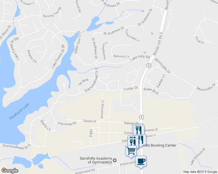 map of restaurants, bars, coffee shops, grocery stores, and more near 2303 Wentworth Circle in Pinehurst
