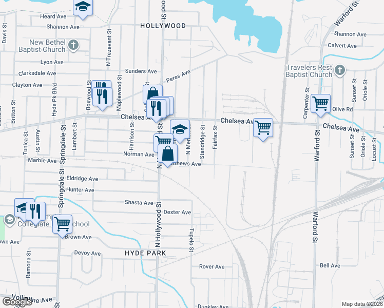 map of restaurants, bars, coffee shops, grocery stores, and more near 1318 North Merton Street in Memphis