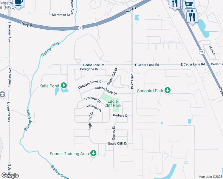 map of restaurants, bars, coffee shops, grocery stores, and more near 913 Golden Eagle Drive in Norman