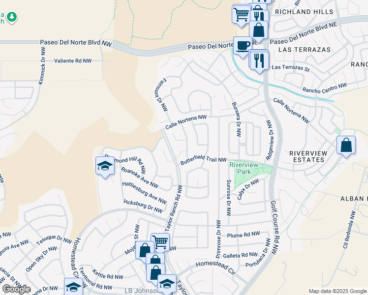 map of restaurants, bars, coffee shops, grocery stores, and more near 7831 Wagon Mound Court Northwest in Albuquerque