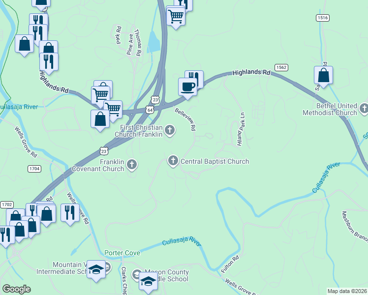 map of restaurants, bars, coffee shops, grocery stores, and more near 287 Belleview Road in Franklin