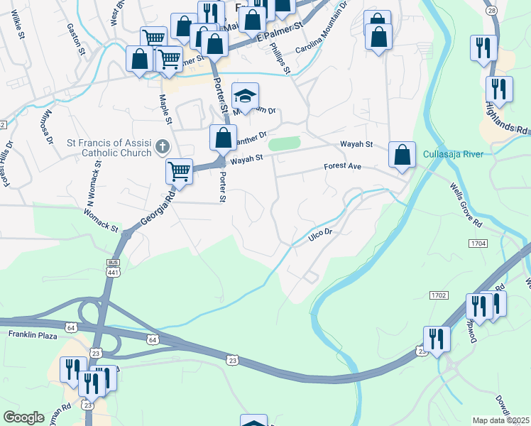 map of restaurants, bars, coffee shops, grocery stores, and more near 245 Hillcrest Circle in Franklin