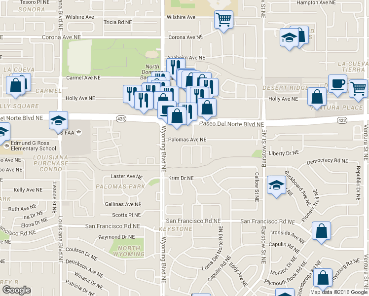 map of restaurants, bars, coffee shops, grocery stores, and more near 7933 Woodridge Drive Northeast in Albuquerque