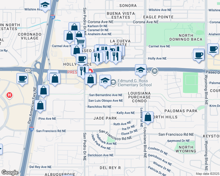 map of restaurants, bars, coffee shops, grocery stores, and more near 6700 Palomas Avenue Northeast in Albuquerque