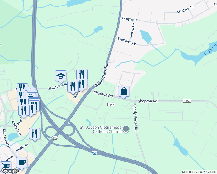 map of restaurants, bars, coffee shops, grocery stores, and more near 4572 Shopton Road in Charlotte