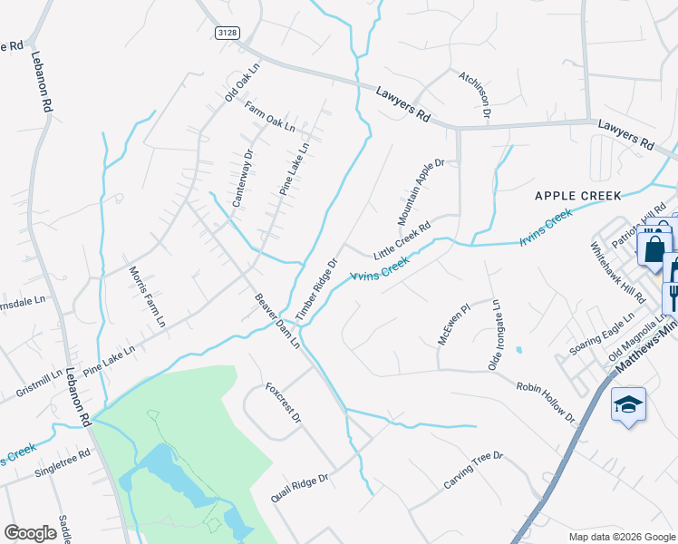 map of restaurants, bars, coffee shops, grocery stores, and more near 7300 Timber Ridge Drive in Mint Hill