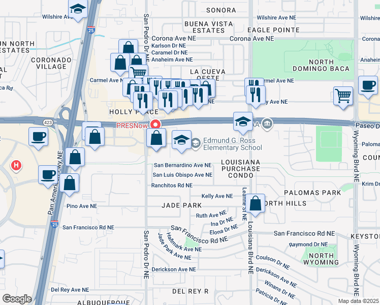 map of restaurants, bars, coffee shops, grocery stores, and more near 6700 Palomas Avenue Northeast in Albuquerque
