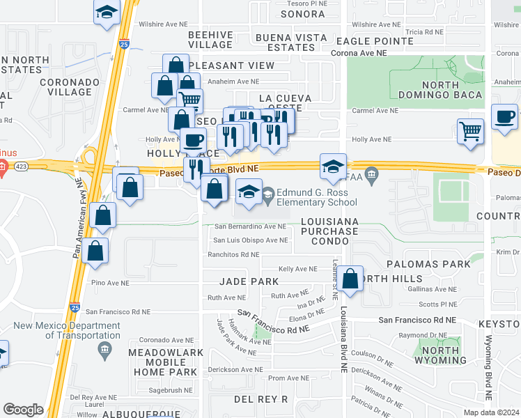 map of restaurants, bars, coffee shops, grocery stores, and more near 6700 Palomas Avenue Northeast in Albuquerque
