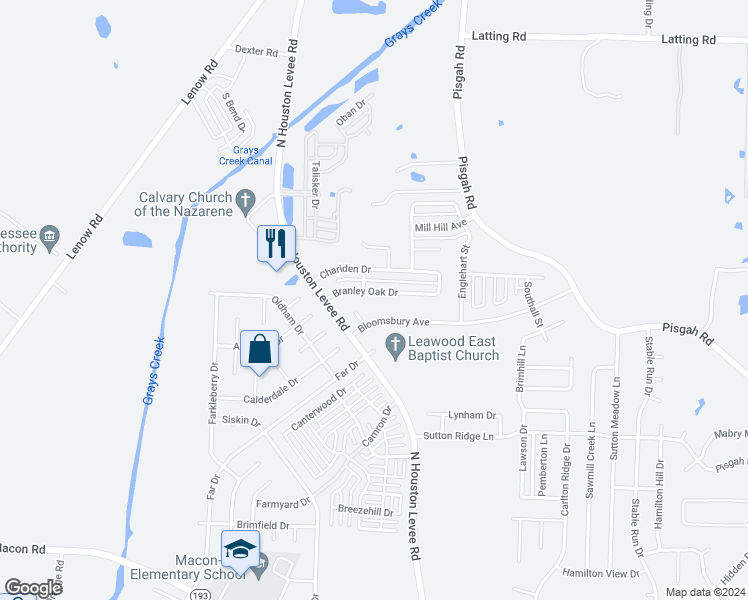 map of restaurants, bars, coffee shops, grocery stores, and more near 10007 Branley Oak Drive in Shelby County