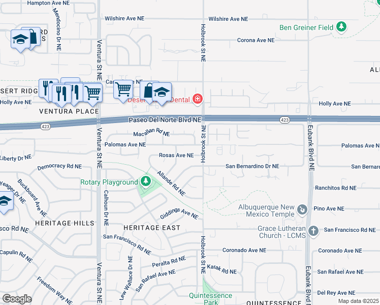map of restaurants, bars, coffee shops, grocery stores, and more near 9617 Rosas Avenue Northeast in Albuquerque