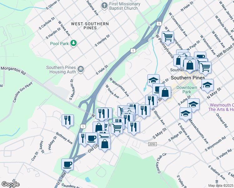 map of restaurants, bars, coffee shops, grocery stores, and more near 335 West Iowa Avenue in Southern Pines