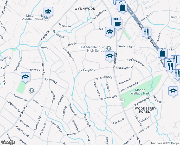 map of restaurants, bars, coffee shops, grocery stores, and more near 1317 McLaughlin Drive in Charlotte
