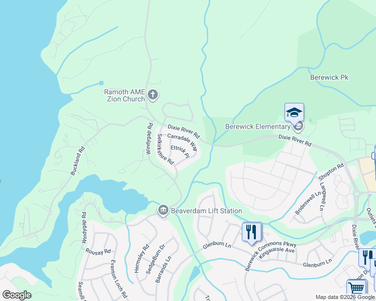 map of restaurants, bars, coffee shops, grocery stores, and more near 3539 Ettrick Place in Charlotte