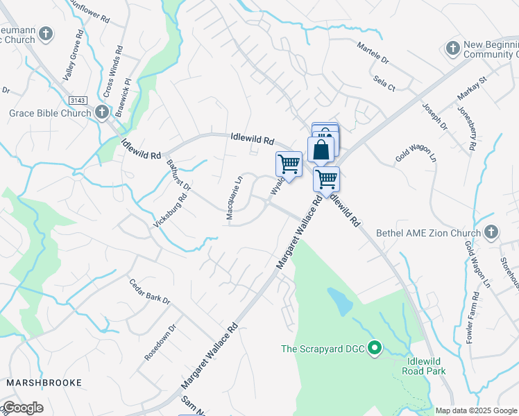 map of restaurants, bars, coffee shops, grocery stores, and more near 5537 Wyalong Drive in Charlotte
