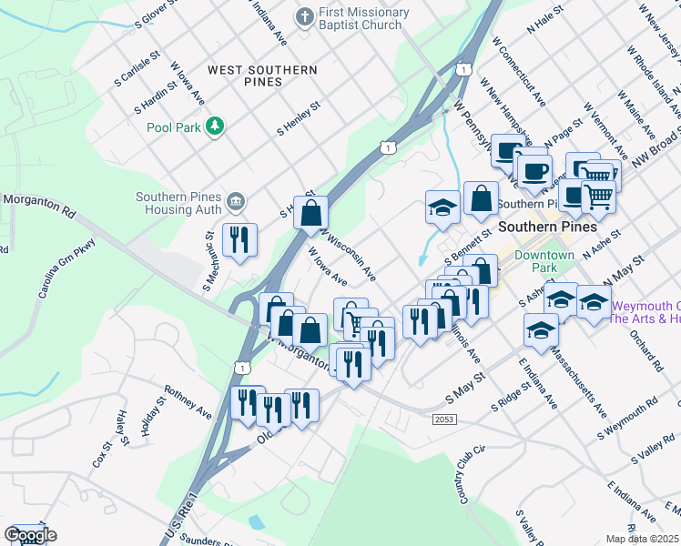 map of restaurants, bars, coffee shops, grocery stores, and more near 335 West Iowa Avenue in Southern Pines