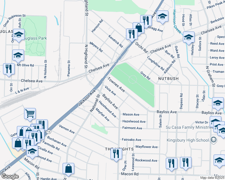 map of restaurants, bars, coffee shops, grocery stores, and more near 3602 Vivia Avenue in Memphis