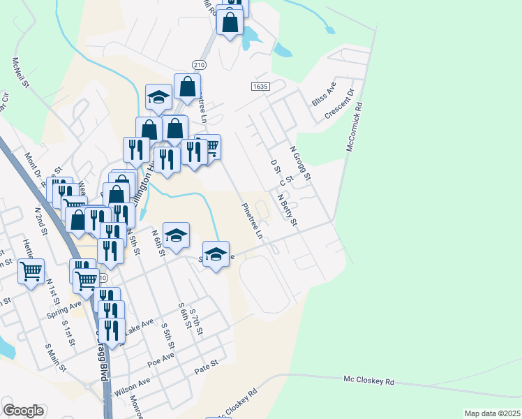 map of restaurants, bars, coffee shops, grocery stores, and more near 105 Micaville Circle in Spring Lake