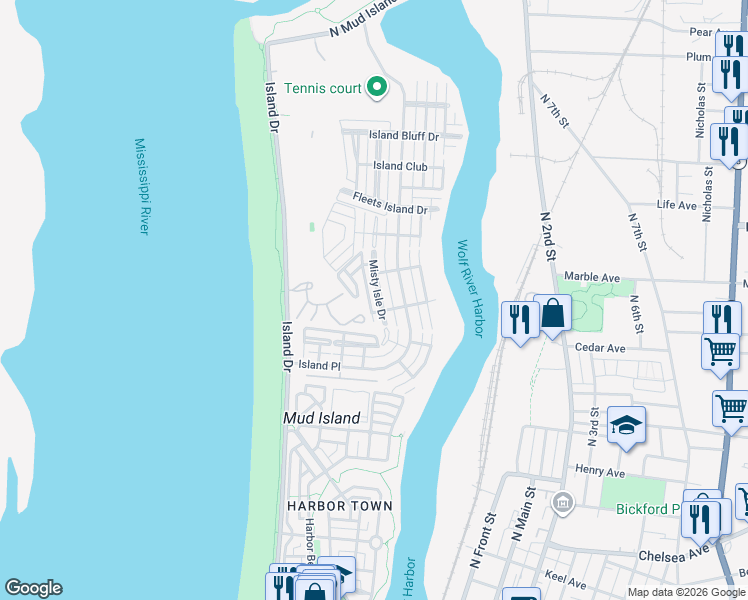 map of restaurants, bars, coffee shops, grocery stores, and more near 1181 Misty Isle Drive in Memphis