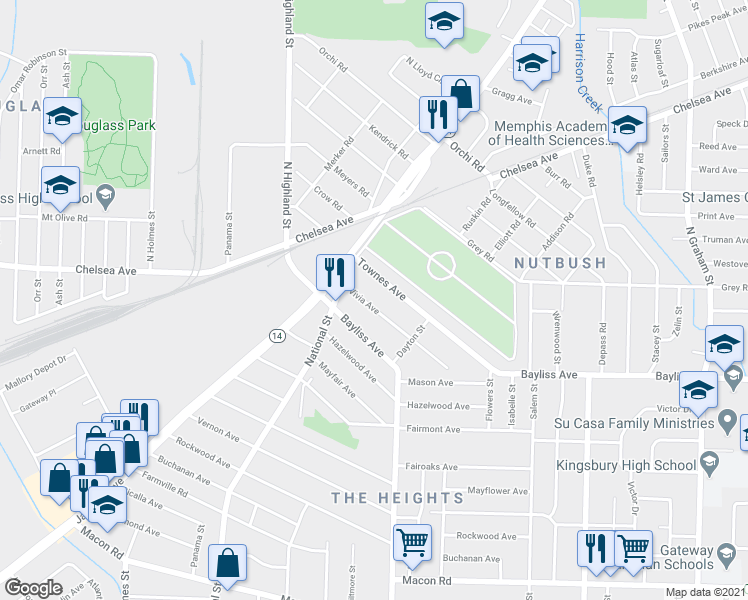map of restaurants, bars, coffee shops, grocery stores, and more near 3592 Vivia Avenue in Memphis