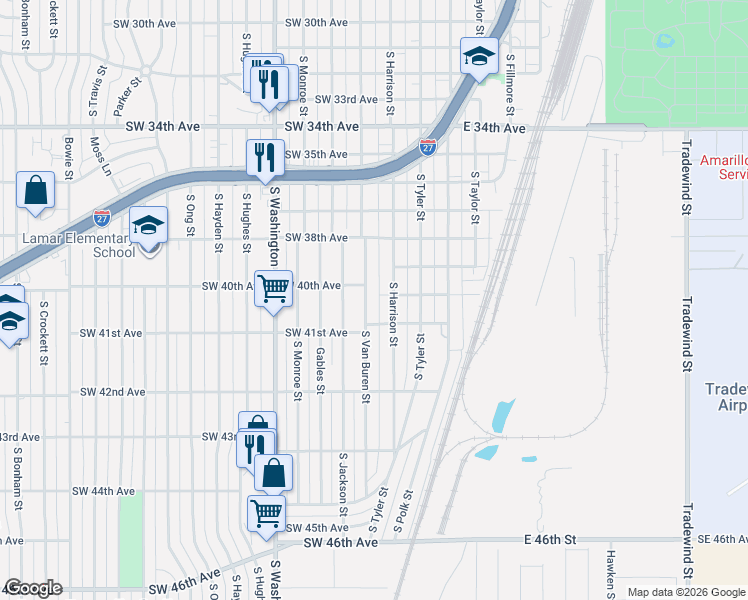 map of restaurants, bars, coffee shops, grocery stores, and more near 4011 South Van Buren Street in Amarillo